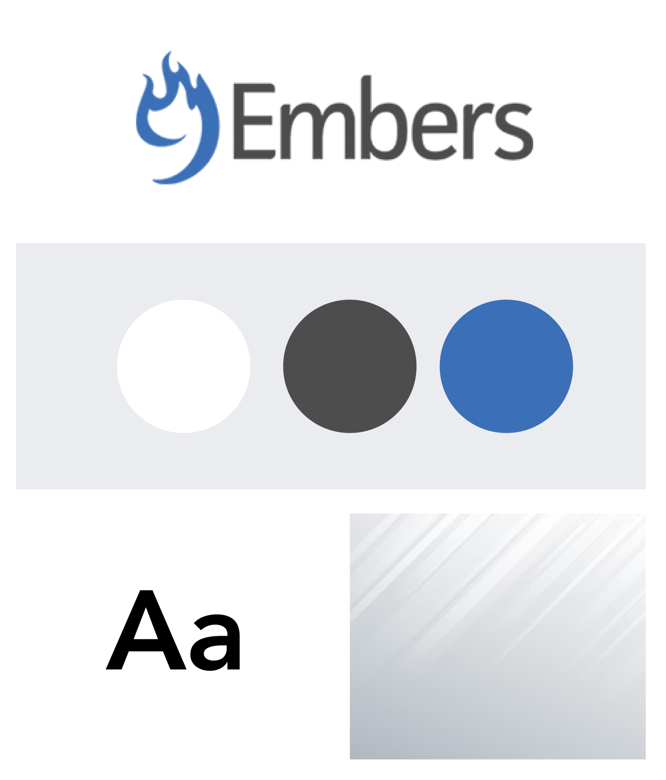 Original identity: blue flame-shaped 9 beside a gray Embers wordmark, white, gray, and blue palette, simple sans-serif type, and a light abstract texture.