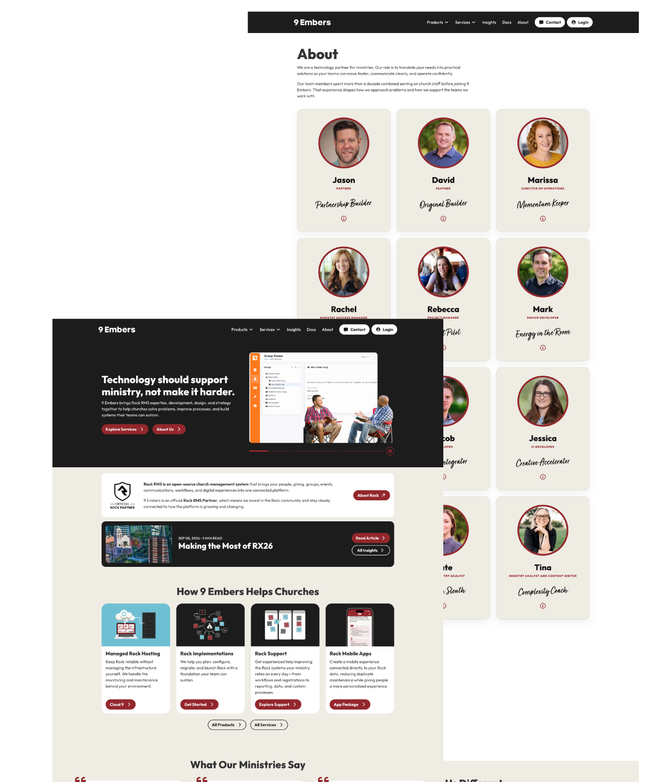Redesigned homepage and About page with black, bone, and red styling, a Technology should support ministry, not make it harder headline, clear service cards, and team portraits with personal role descriptions.