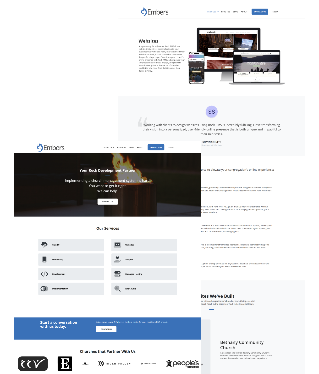 Original homepage and website services page with blue and gray styling, a Your Rock Development Partner headline, a service grid, and website examples.
