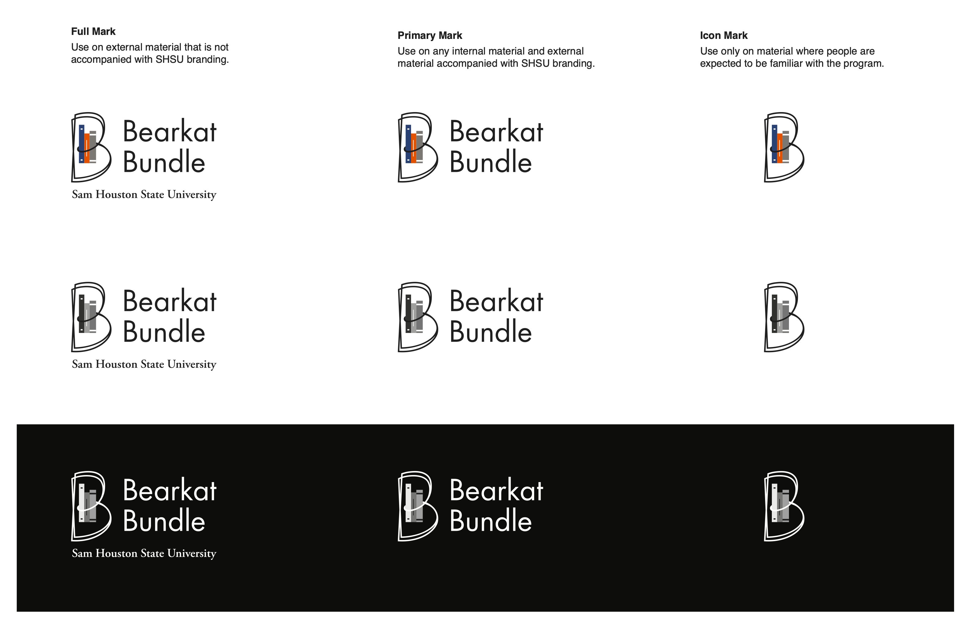 Bearkat Bundle identity system showing full, primary, and icon marks in color, grayscale, and white on black. Usage guidance is provided below.