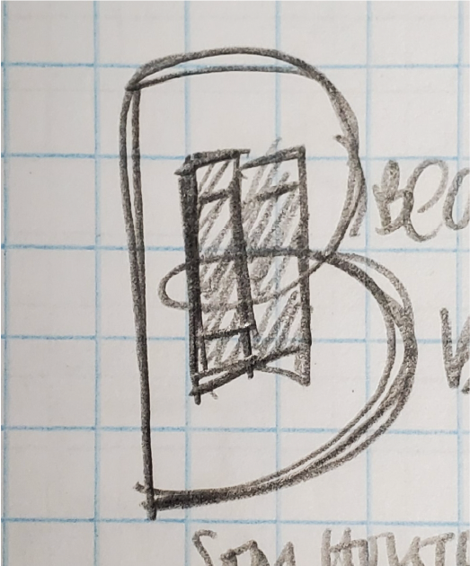 Pencil sketch of the layered B mark with books inside, drawn on graph paper.