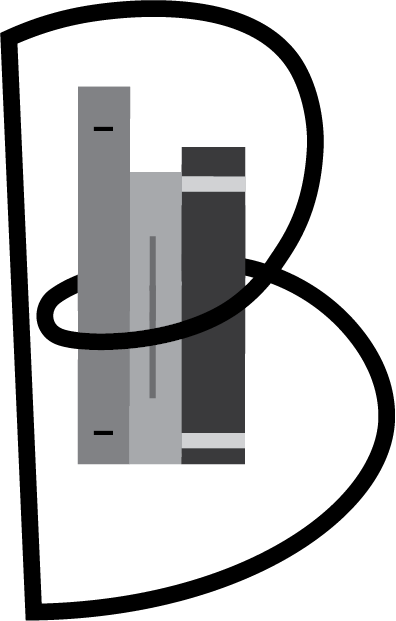 B mark with a heavier black outline and book shapes filled in shades of gray.