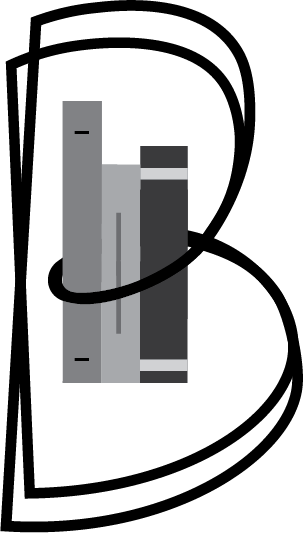 Overlapping B outlines with book shapes in shades of gray.