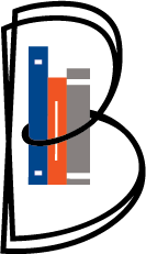 Proposed B mark with three books colored blue, orange, and gray.