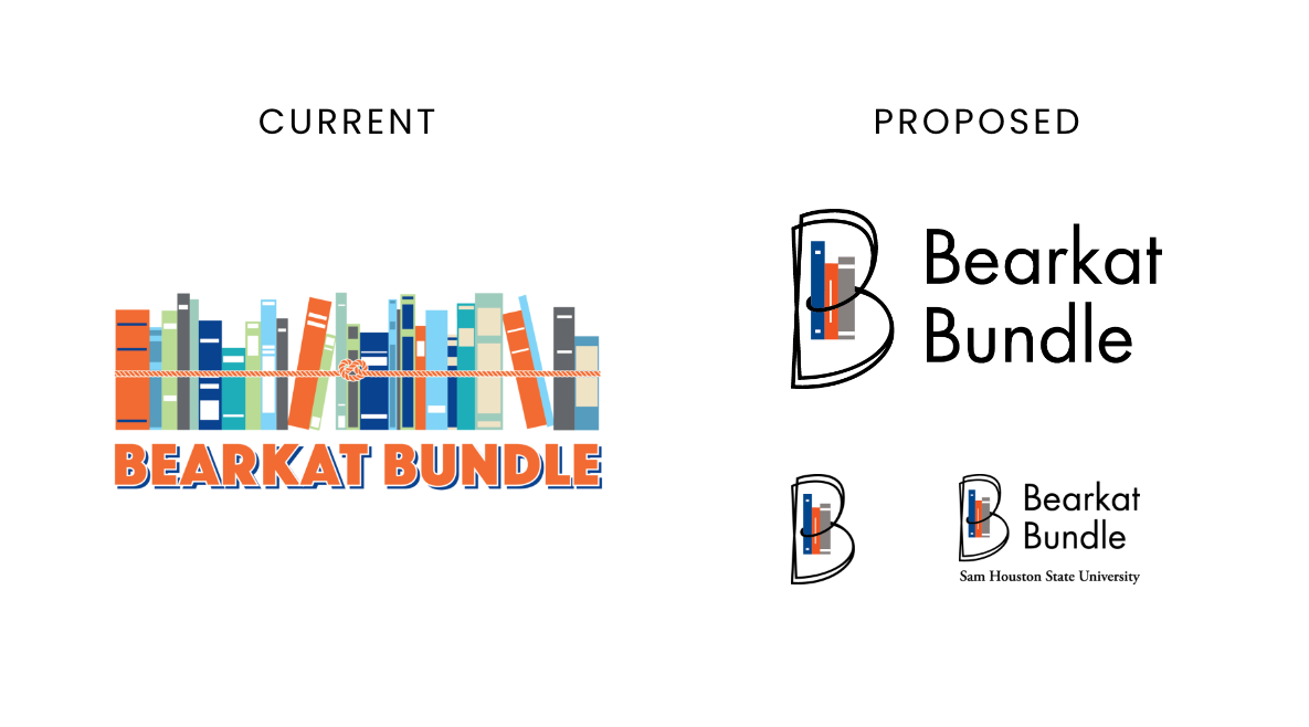 Original Bearkat Bundle logo with many colorful books tied with rope, compared with the proposed outlined B containing three books and a simplified wordmark.
