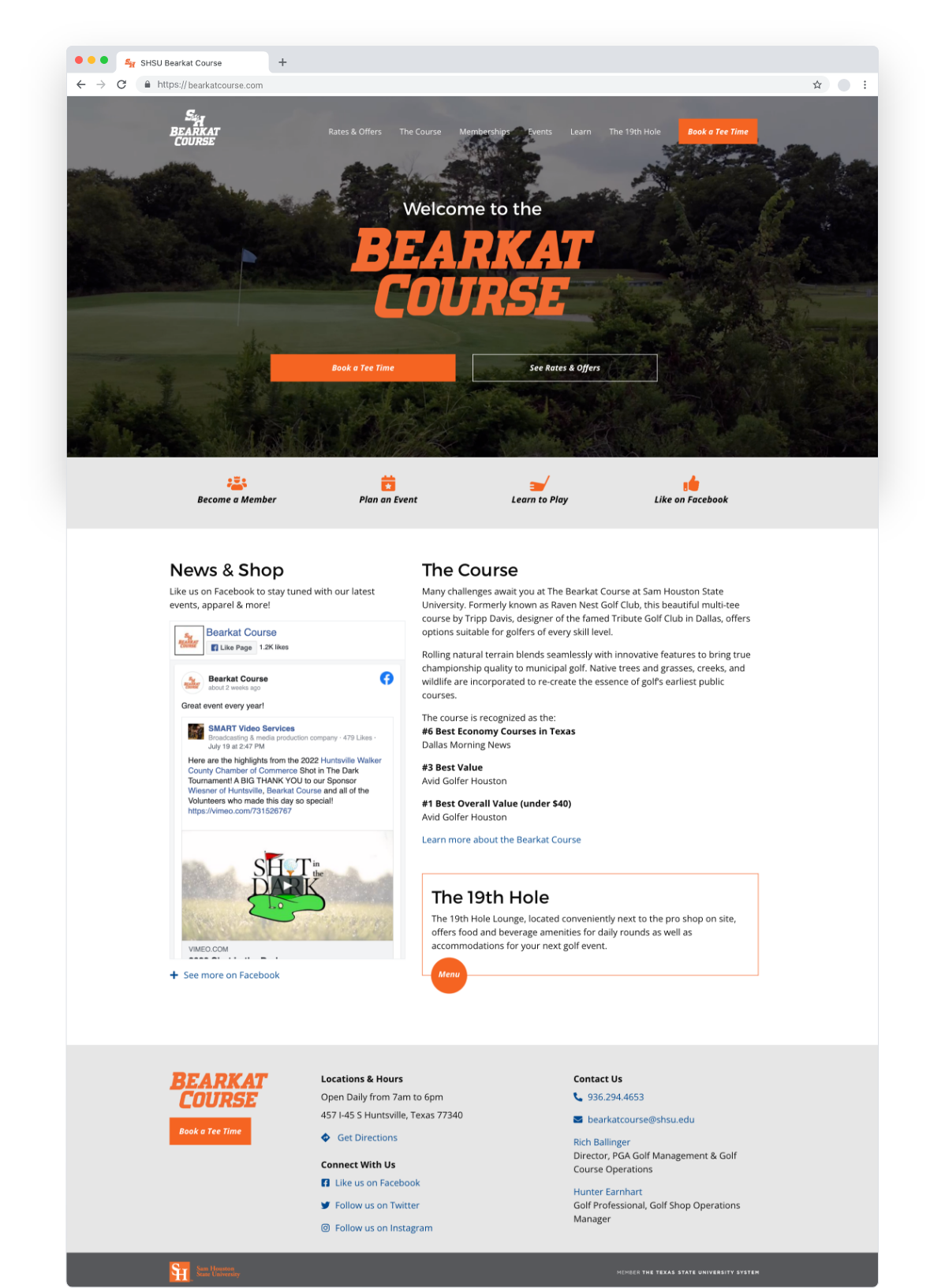 Bearkat Course homepage with an orange booking button, course video hero, membership and event links, Facebook news feed, and course description.