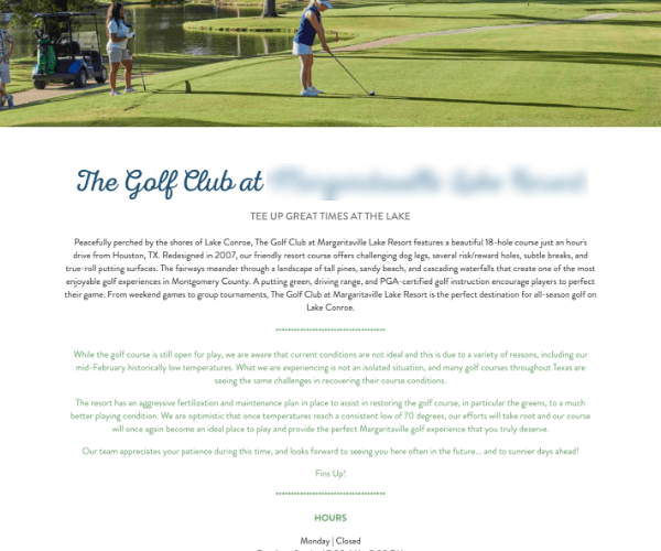 Competitor website with a course description beneath a photograph of golfers.