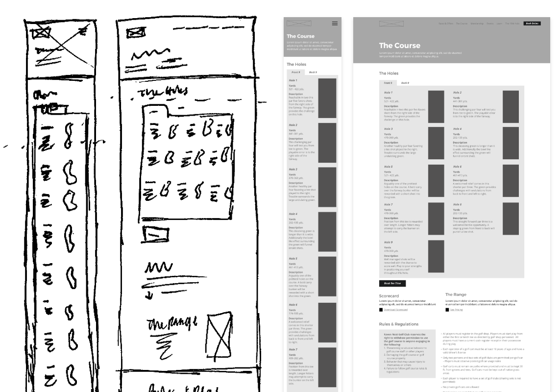 Hand-drawn mobile and desktop sketches alongside grayscale wireframes of The Course page with Front 9 and Back 9 tabs.