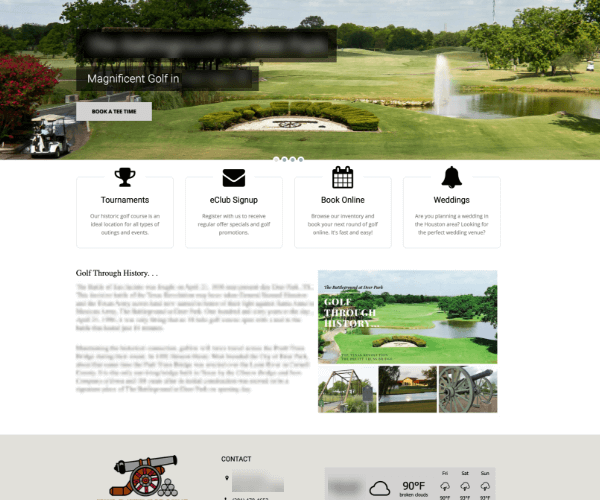 Competitor homepage with a short introduction, prominent course photo, and compact links to tournaments, booking, and weddings.