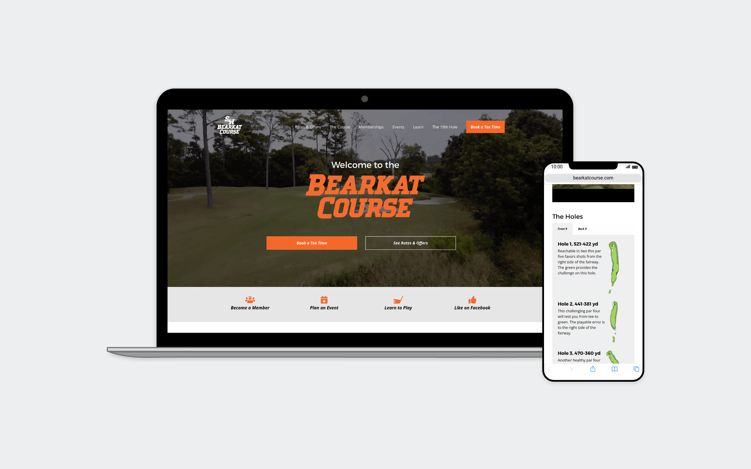 Redesigned Bearkat Course homepage on a laptop alongside the course holes section on a mobile phone.