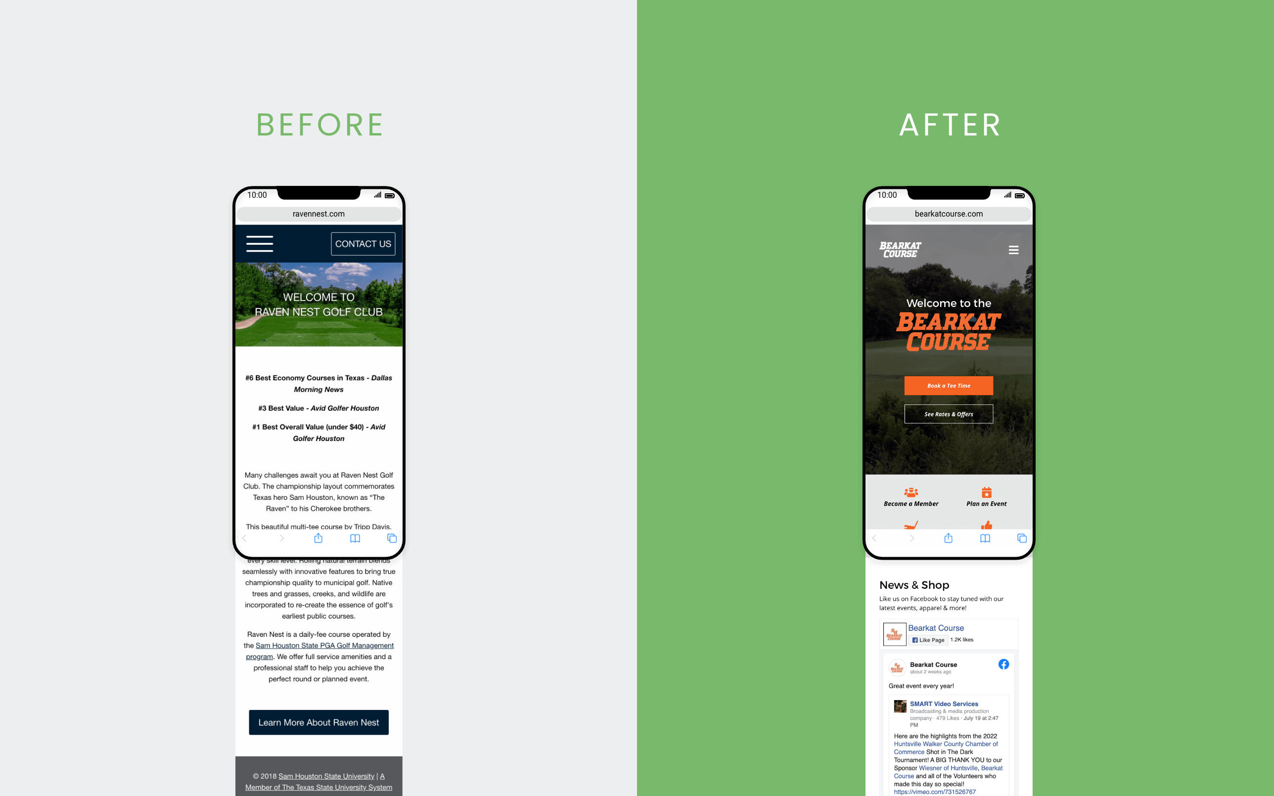 Before and after comparison of the Bearkat Course homepage on mobile.