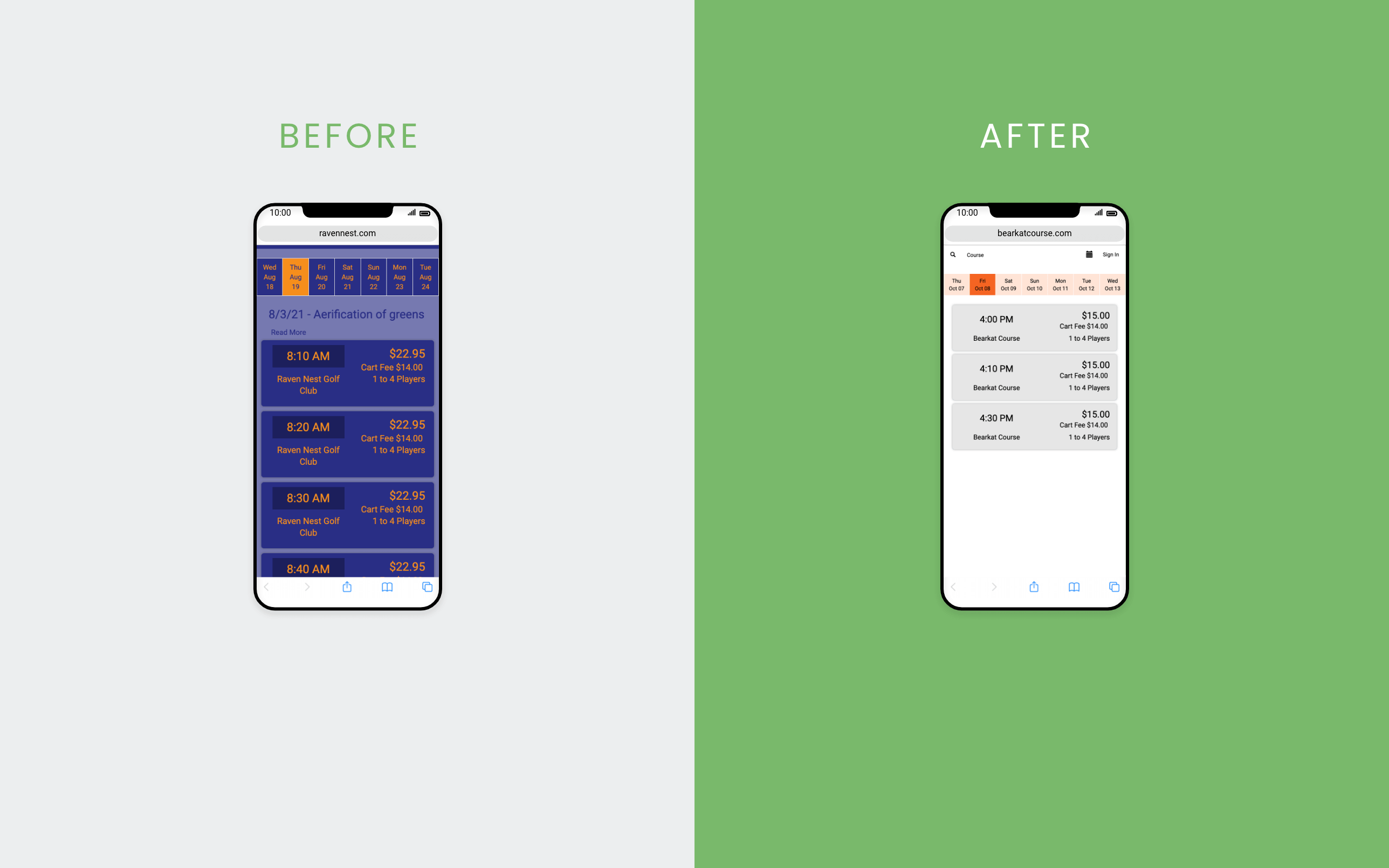 Before and after comparison of the tee-time booking screen on mobile.