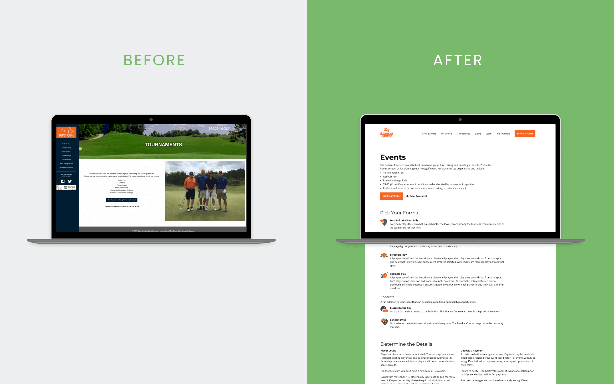 Before and after comparison of the events page on desktop.