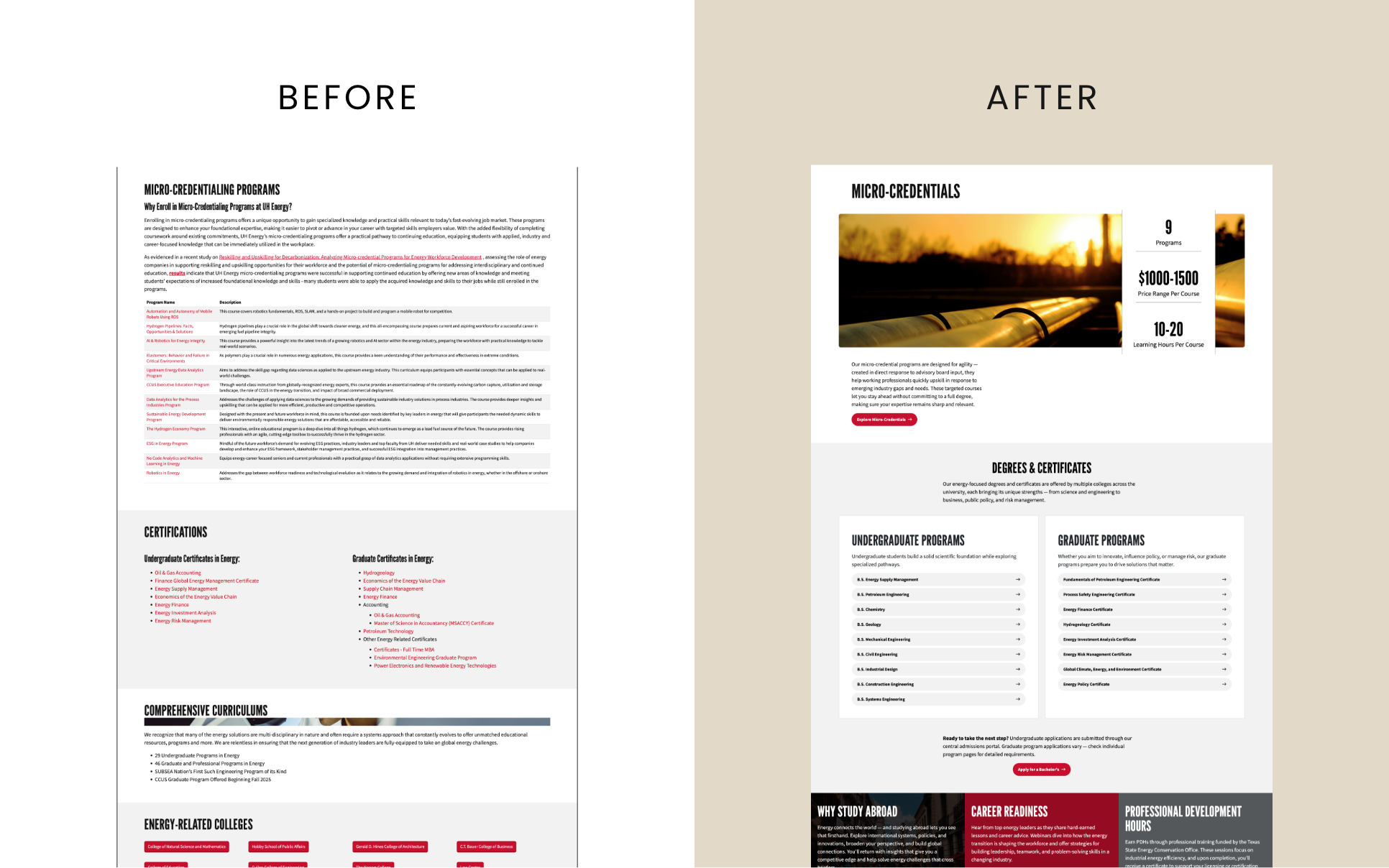 Before and after a UH Energy education page: dense text and tables become modular sections with a feature image, program statistics, grouped program cards, and clear calls to action.