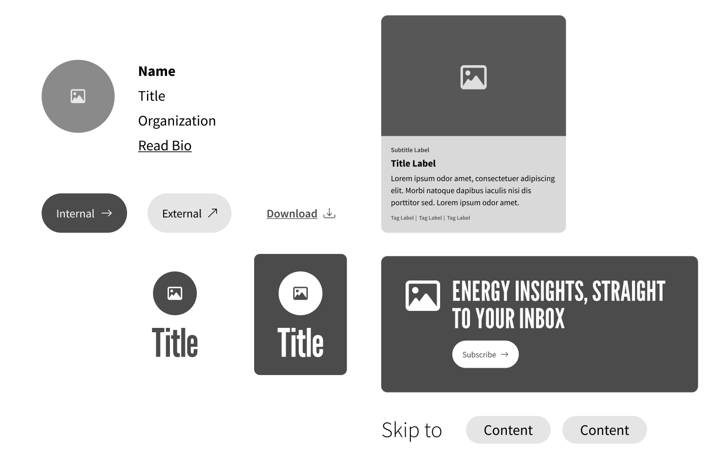 Grayscale collection of reusable CMS snippets, including buttons, content cards, image tiles, and profile cards.