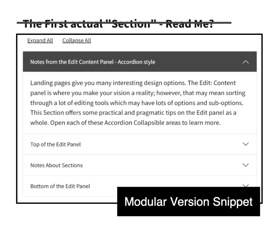 Accordion snippet with its fixed heading crossed out, showing how the heading can be separated from the expandable sections.