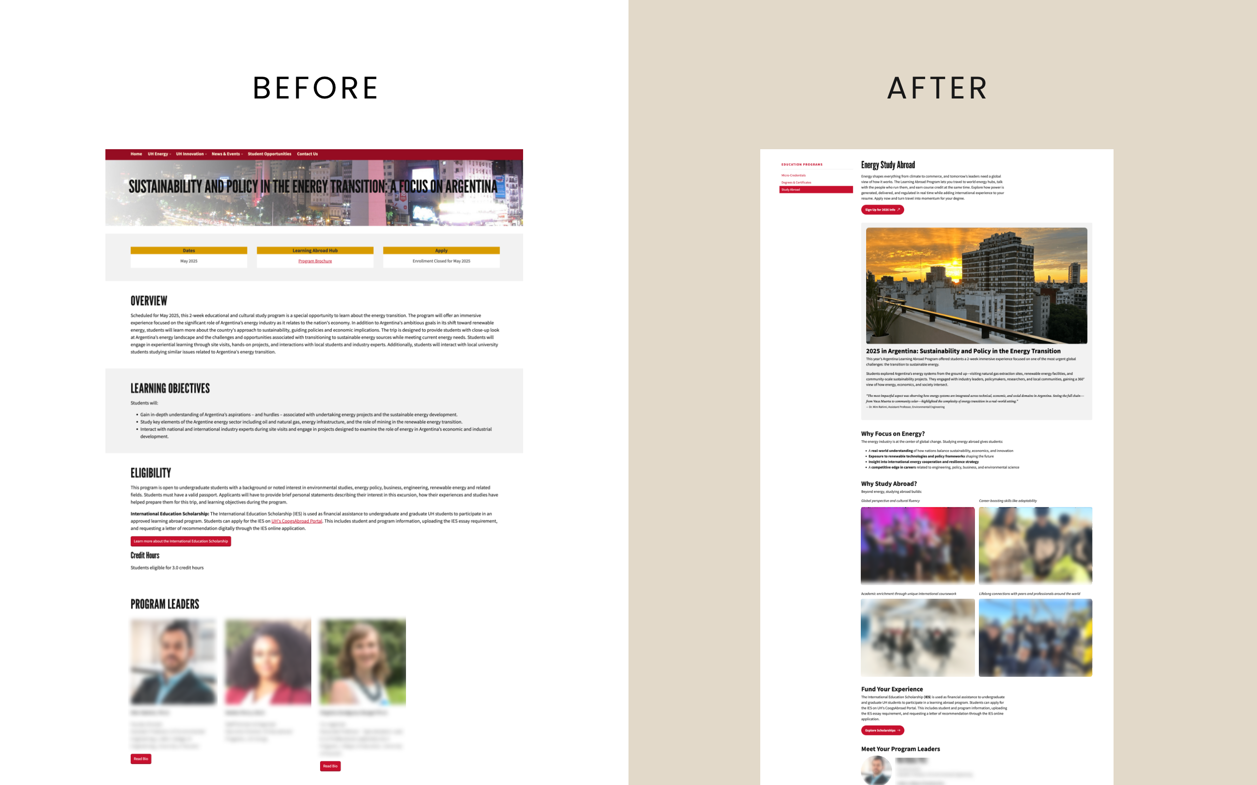 Before and after a UH Energy study-abroad page: rigid sections become a flexible layout with side navigation, a featured trip, supporting images, scholarship information, and program leader profiles.