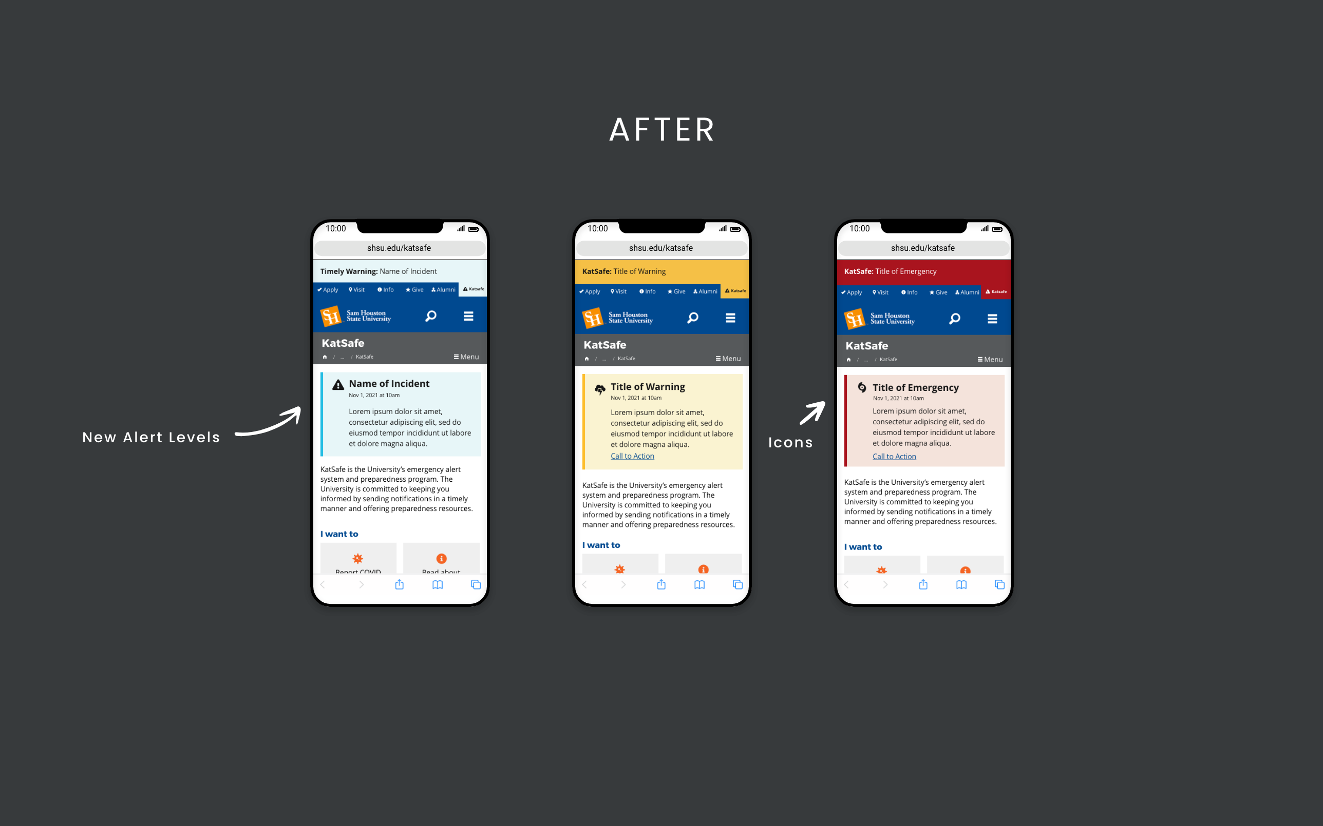 After: three mobile KatSafe screens with distinct timely warning, warning, and emergency levels, matching banners, and incident icons.