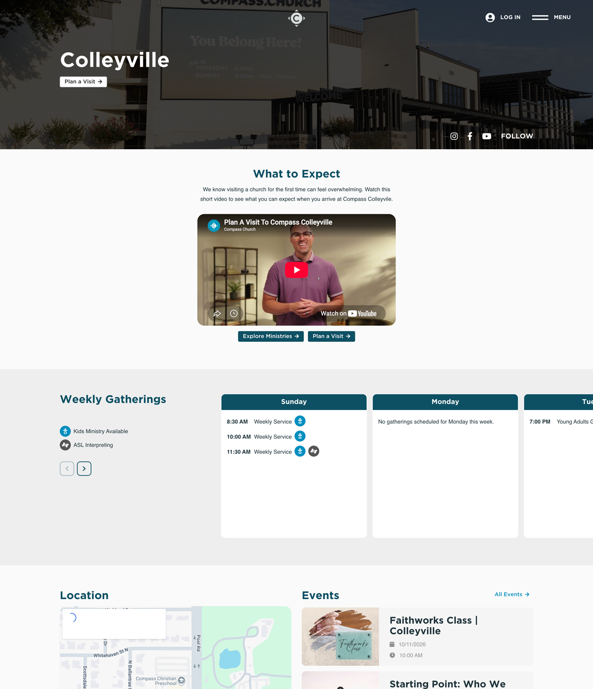 Colleyville campus page with Plan a Visit buttons, a What to Expect video, weekly gathering times, and location information.