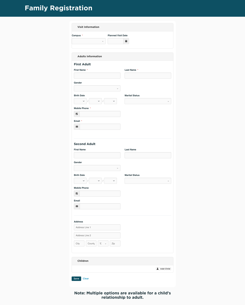 Original family registration form with visit information, two adult profiles, gender, birthdate, marital status, address, and a children section.