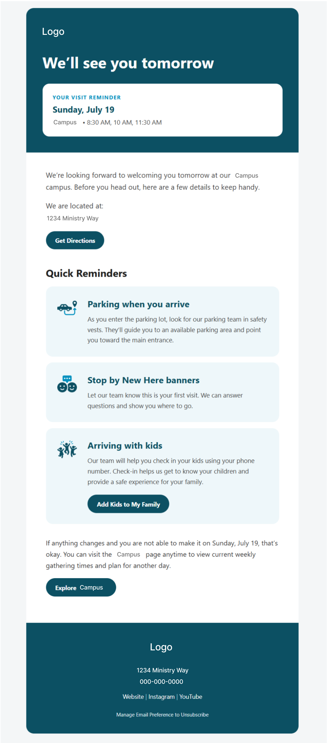 Reminder email titled We’ll see you tomorrow, with visit details, directions, parking guidance, welcome team information, and children’s check-in reminders.