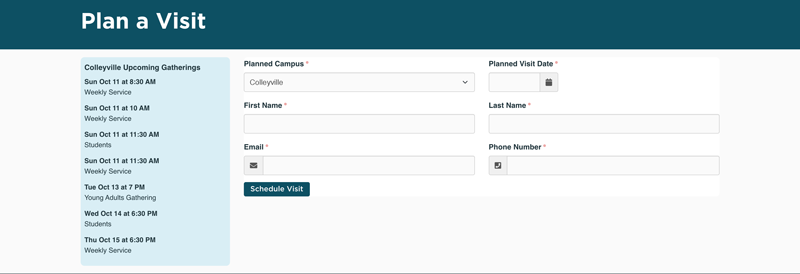 Simplified Plan a Visit form with campus, visit date, first and last name, email, and phone number beside a list of upcoming gatherings.