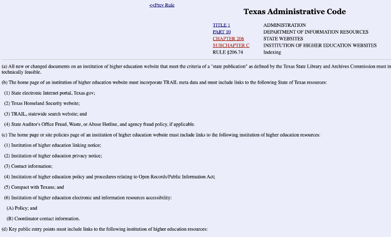 Historical Texas Administrative Code §206.74 excerpt listing requirements for homepage links, site policies, and key public entry points.