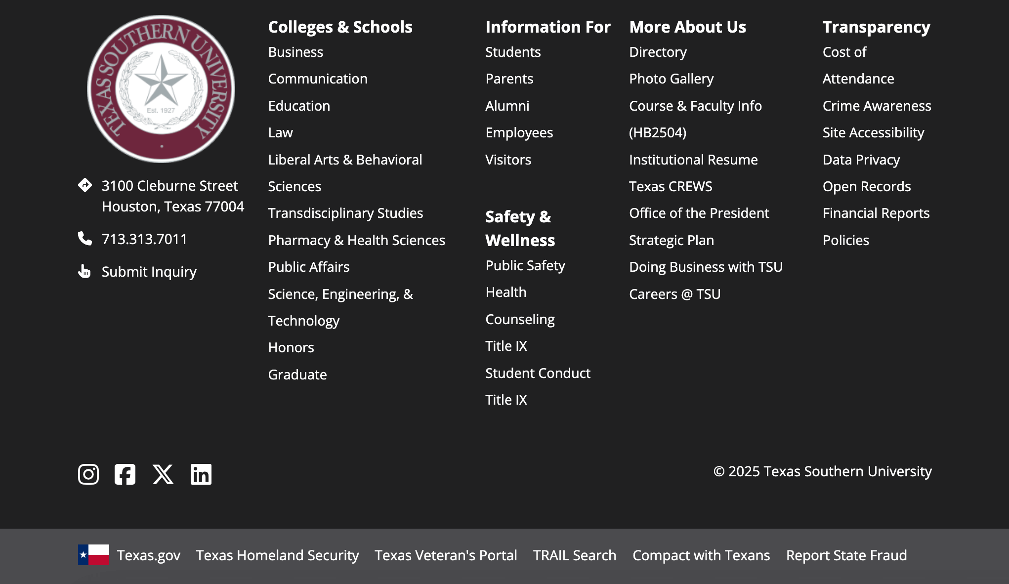 TSU homepage footer with university contact information and a bottom ribbon containing Texas resource links.