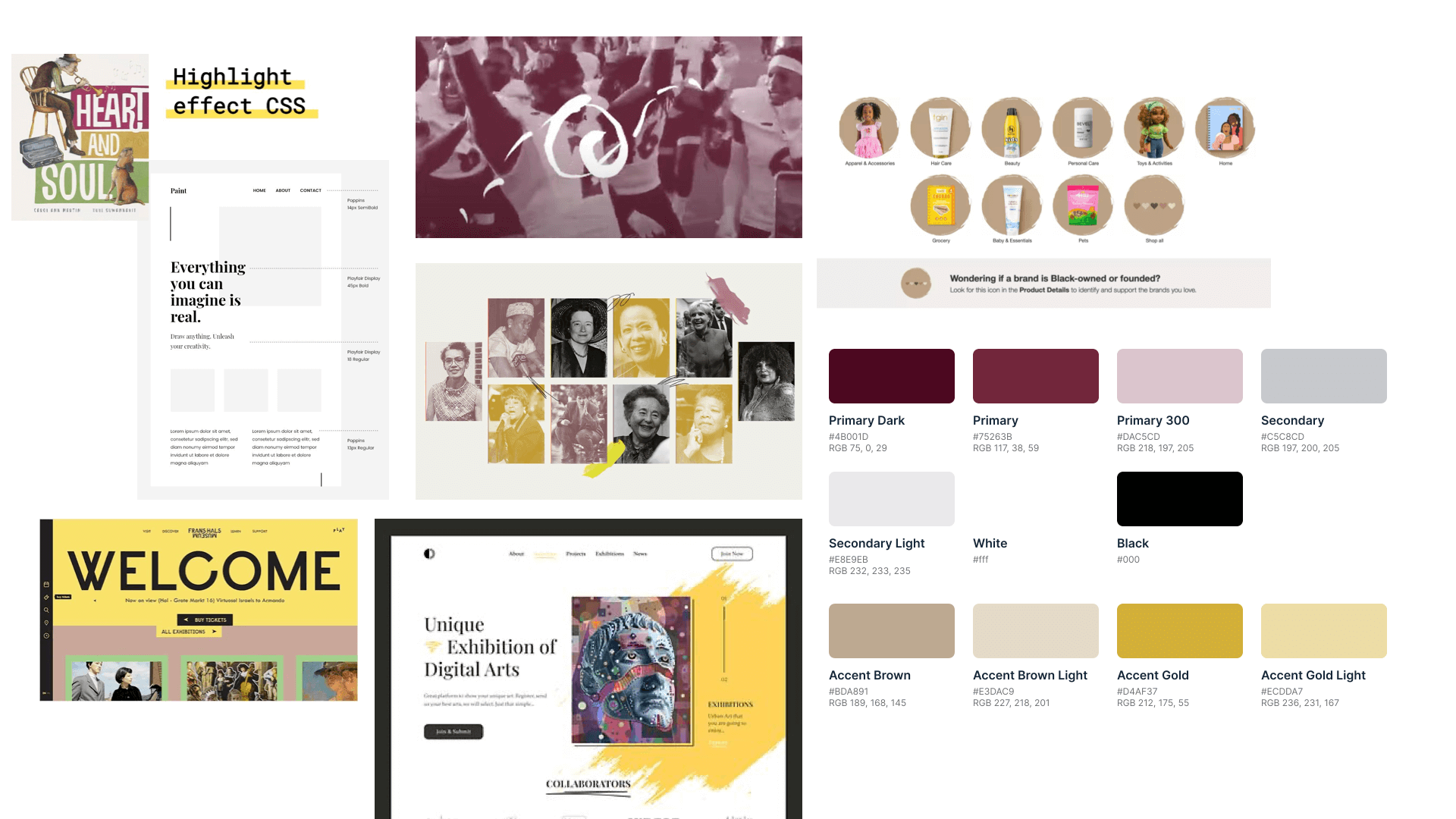 Mood board combining Black cultural imagery, art and museum website references, layered portraits, and maroon, beige, and gold color swatches.