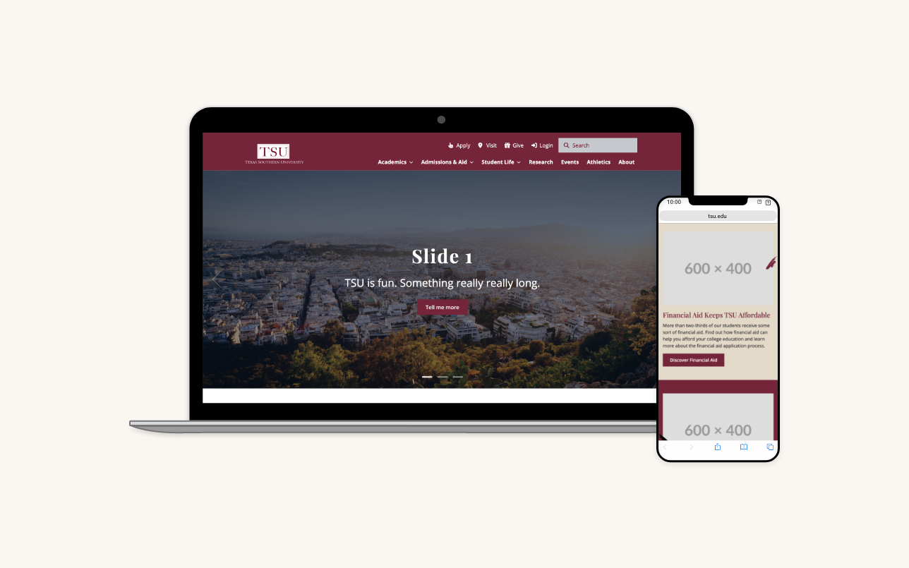 Texas Southern University homepage mockup showing the redesigned university identity.