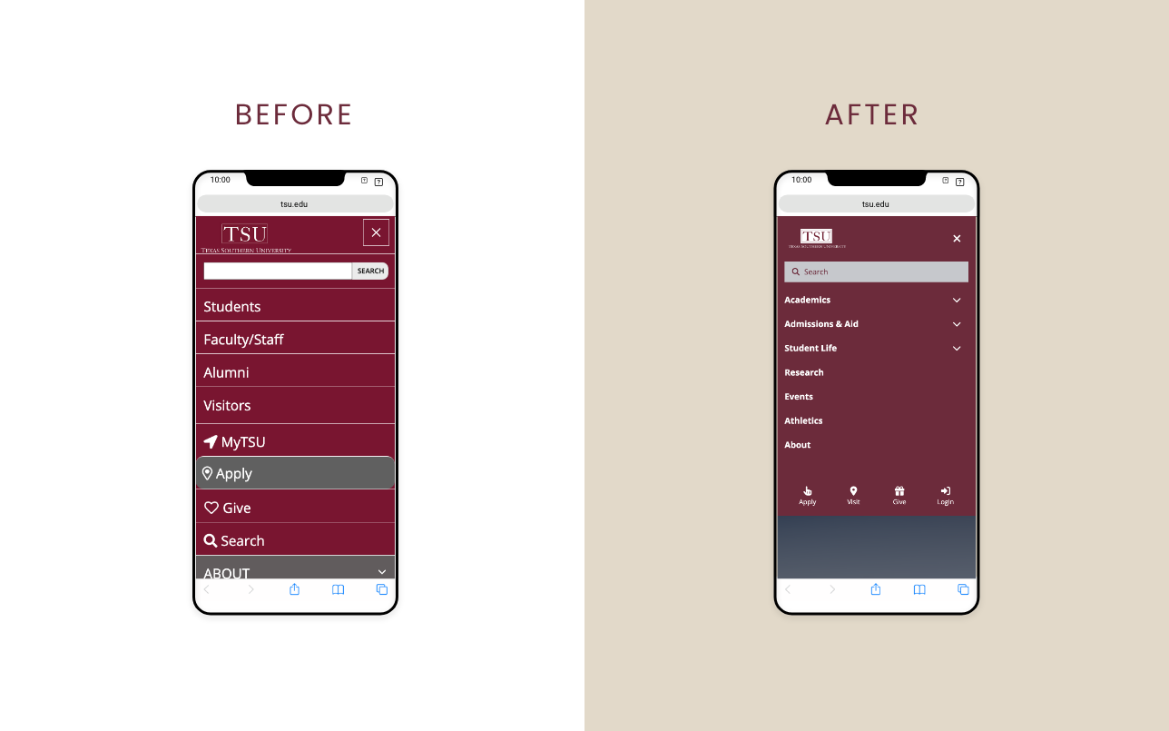 Before and after mobile navigation: the redesigned menu groups academic and student information with clear Apply, Visit, Give, and Login actions.